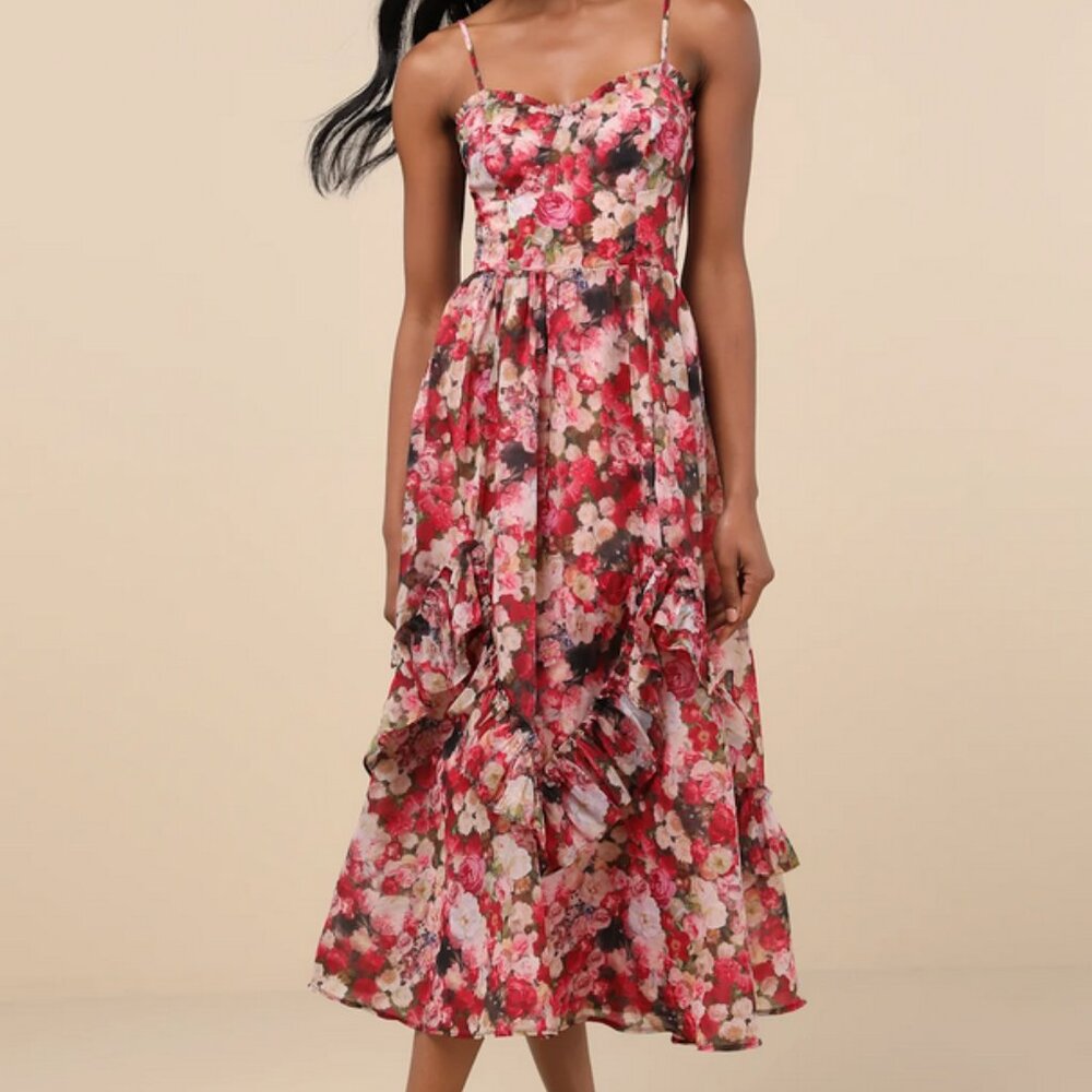 Maisley Red Multi Floral Bustier Ruffled Midi Dress, Size M
